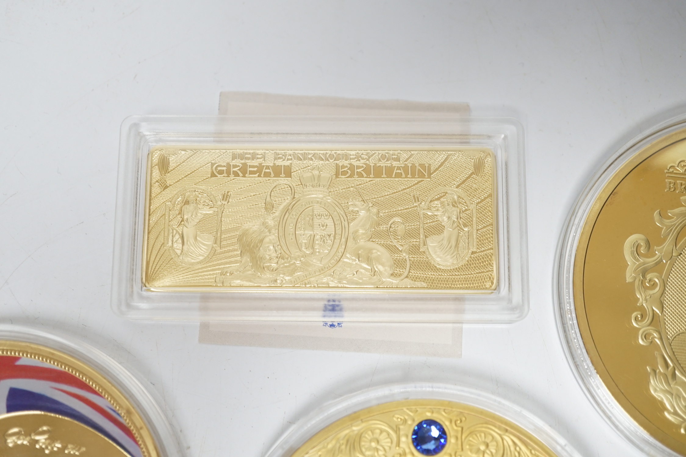 Five large gold plated commemorative medallions for VE Day, Princess Diana, The Queen, etc.
